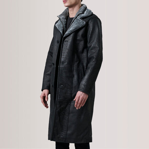Cai Distressed Black Leather Shearling Coat