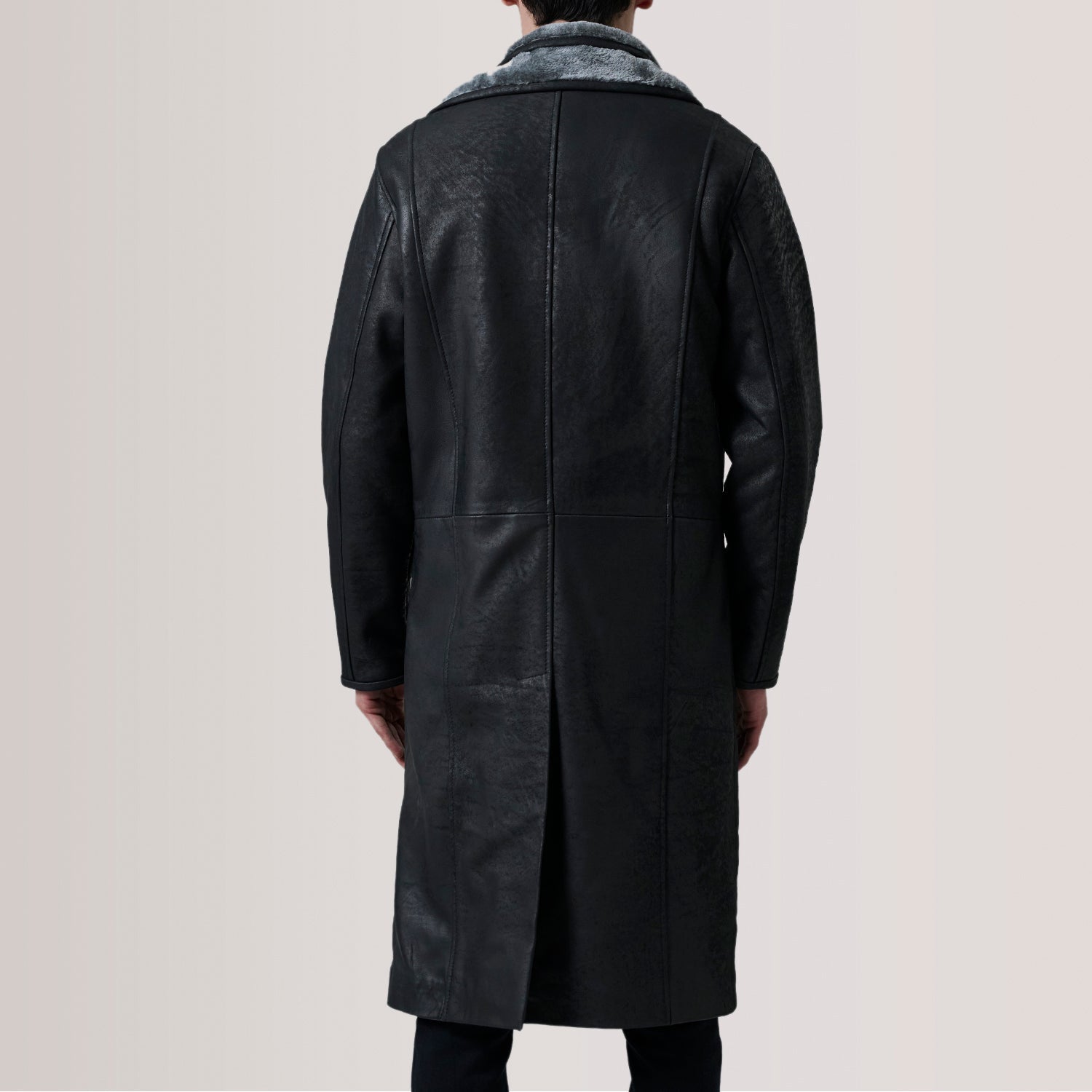 Cai Distressed Black Leather Shearling Coat