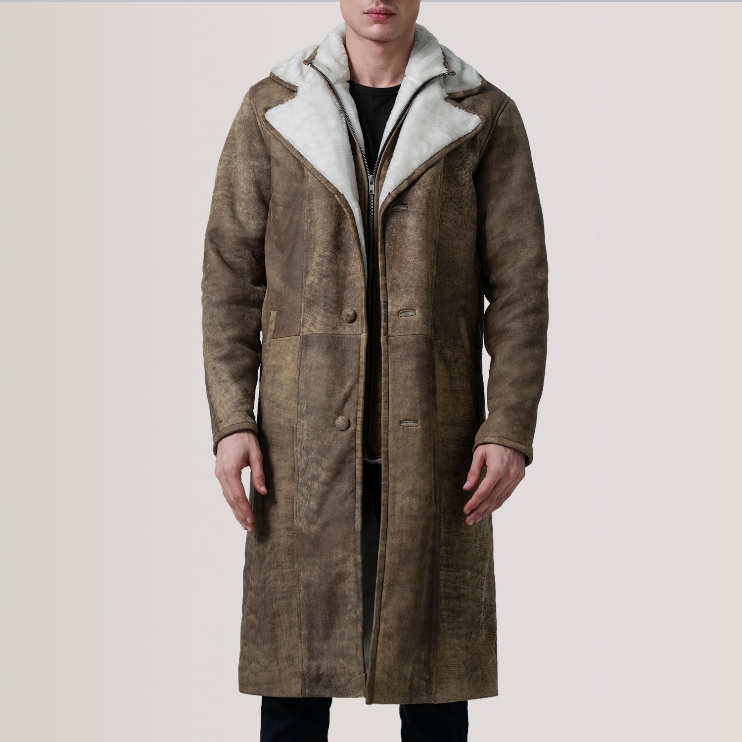 Cai Distressed Brown Leather Shearling Coat