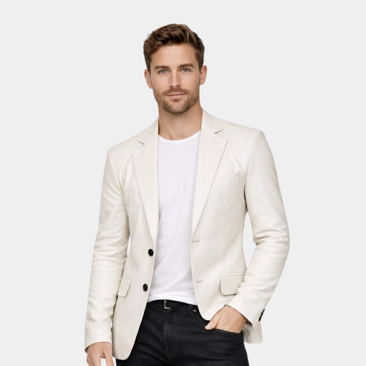 Men’s Classic Two Button White Leather Blazer