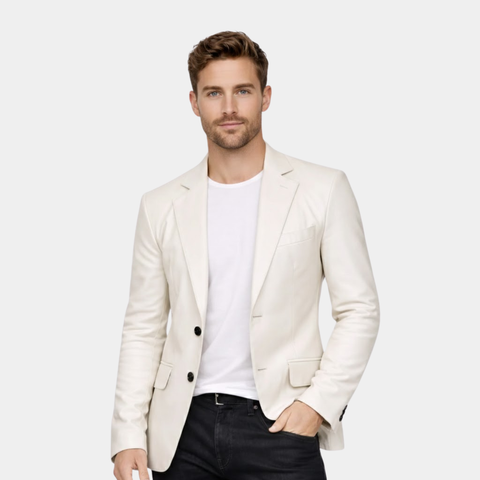 Men’s Classic Two Button White Leather Blazer