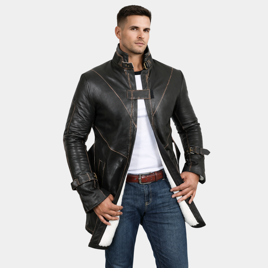 Men's Genuine Cow Rub Off Leather Coat (Trench Coat)