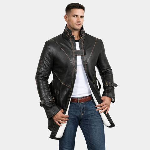 Men's Genuine Cow Rub Off Leather Coat (Trench Coat)