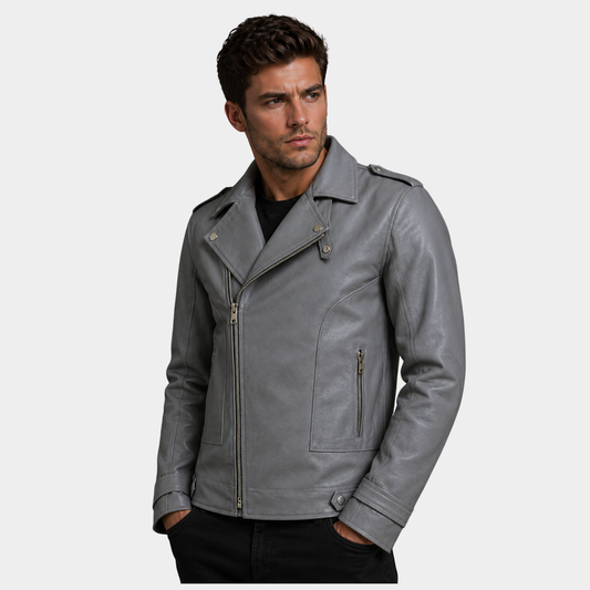 Men's Gray Biker Leather Jacket â€“ Motorcycle Casual Style