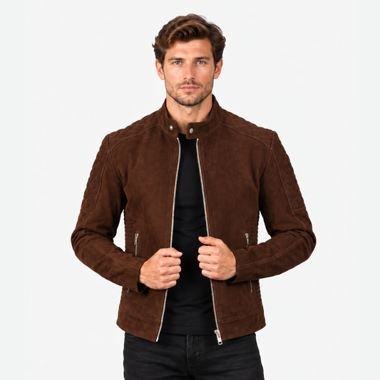 Men's Kingston Quilted Brown Suede Biker Jacket