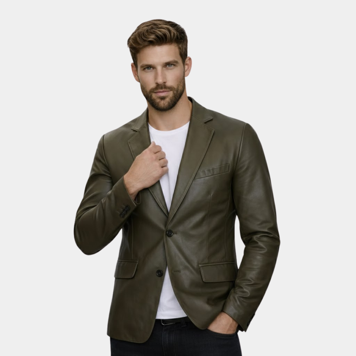 Men’s Military Green Real Leather Blazer