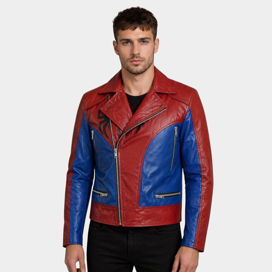Men's Red & Blue Spider Leather Jacket | Classic Casual Style