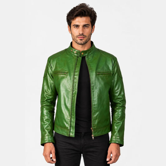 Men's Rowan Green Leather Biker Jacket