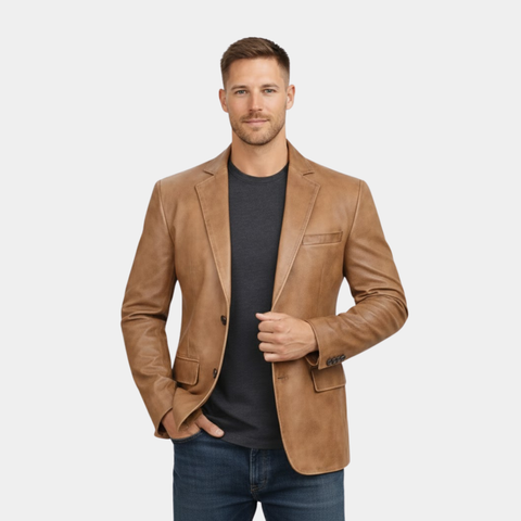 Men's Two Button Classic Camel Brown Leather Blazer
