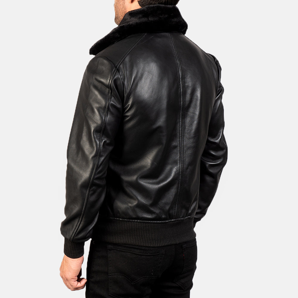 Zipper Black Leather Bomber Jacket