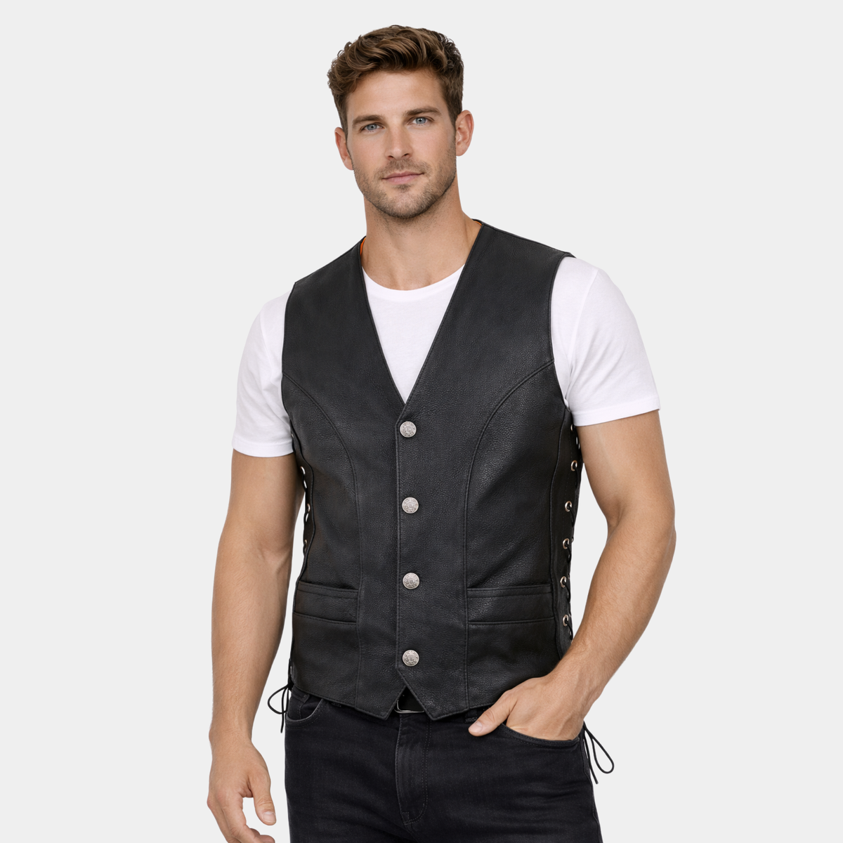Men's Black Motorcycle Rider Vest - Buffalo Nickel Closure