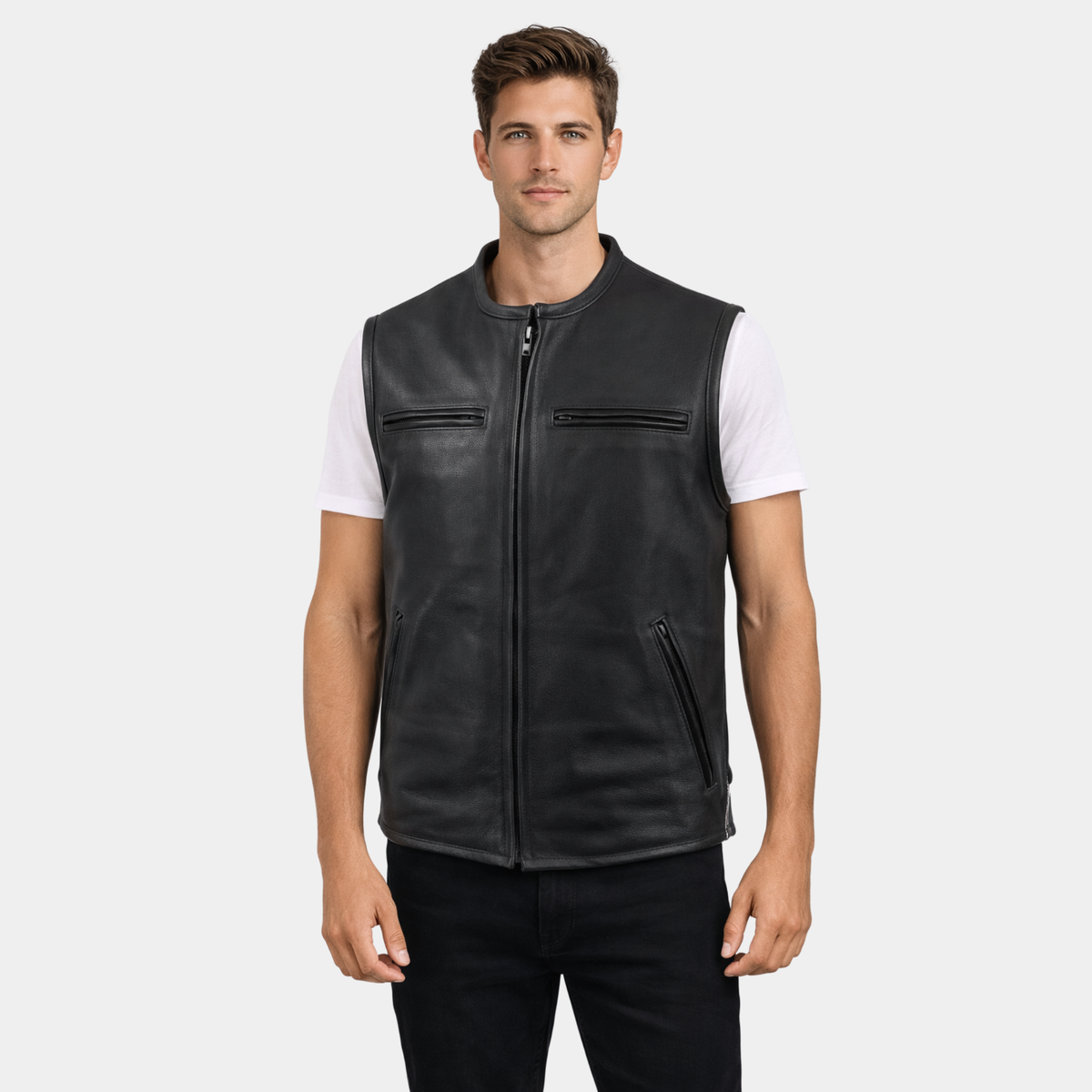 Men's Black Premium Leather Vest - Club Style Vest!