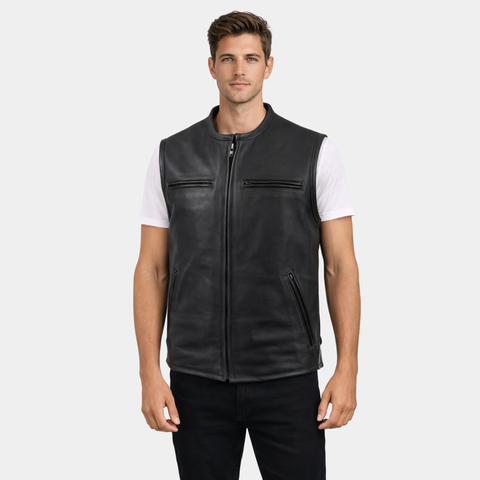 Men's Black Premium Leather Vest - Club Style Vest!