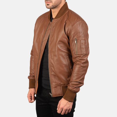 Semi-Aniline Brown Leather Bomber Jacket