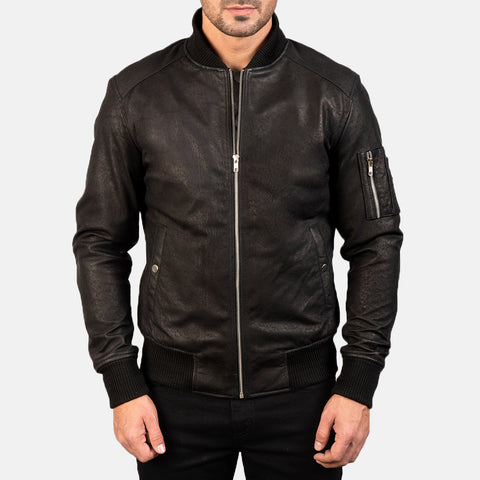 Distressed Black Leather Bomber Jacket