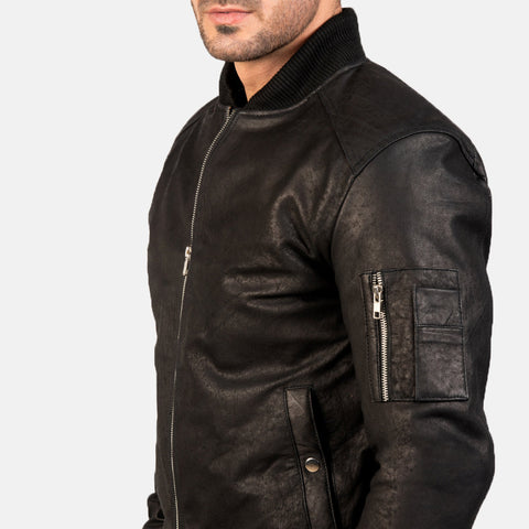 Distressed Black Leather Bomber Jacket