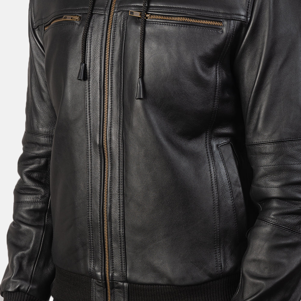 Bouncer Zipper Black Leather Bomber Jacket