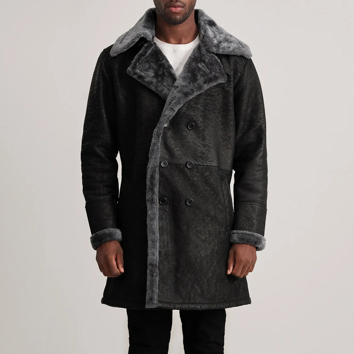 Charles Distressed Black Leather Shearling Double-Breasted Coat