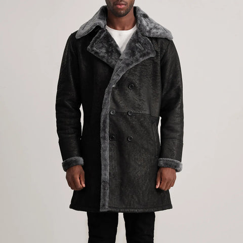 Charles Distressed Black Leather Shearling Double-Breasted Coat