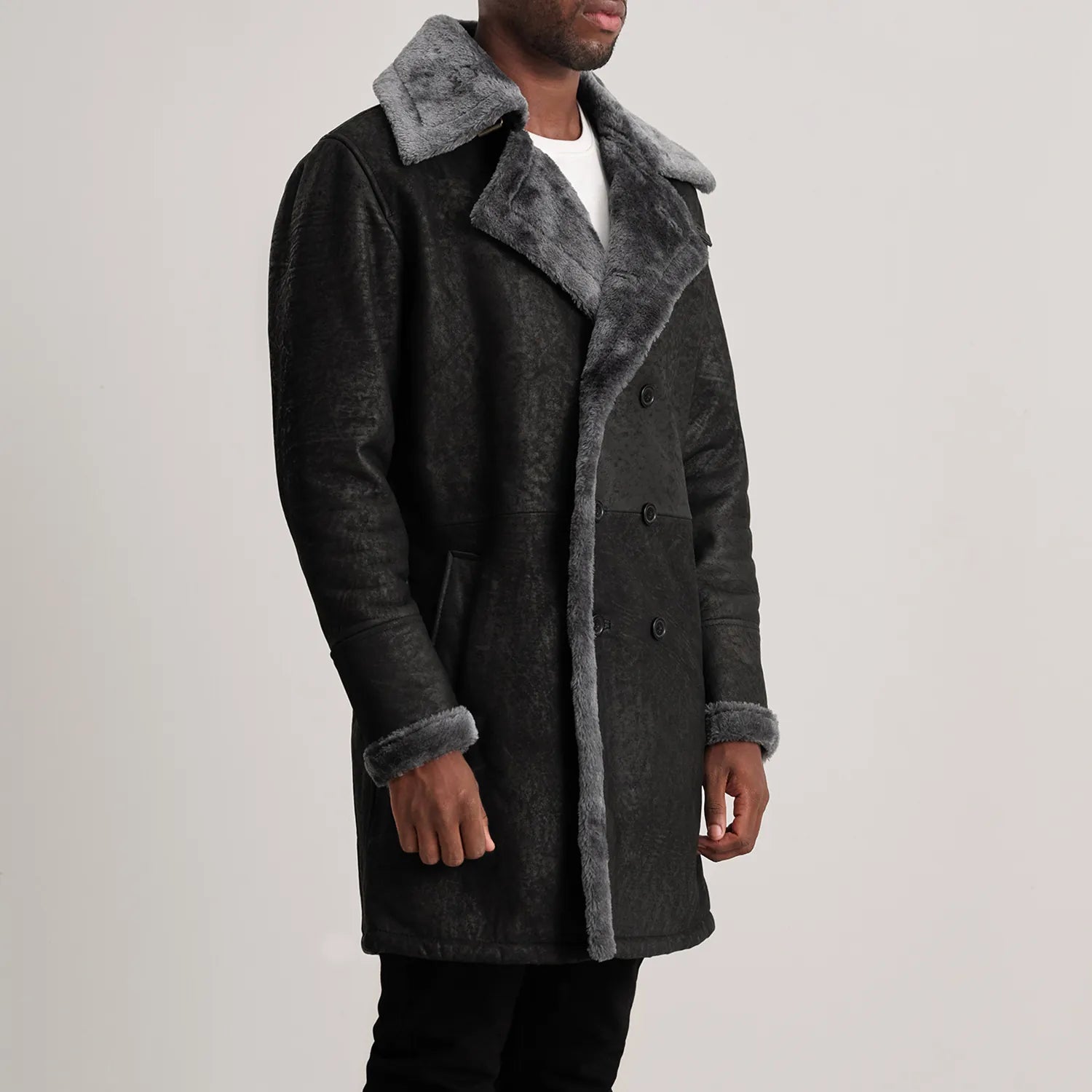 Charles Distressed Black Leather Shearling Double-Breasted Coat