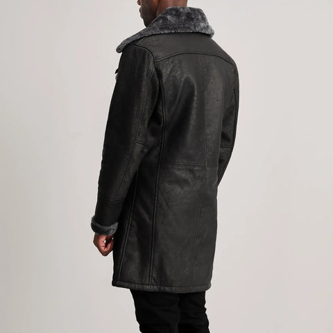 Charles Distressed Black Leather Shearling Double-Breasted Coat