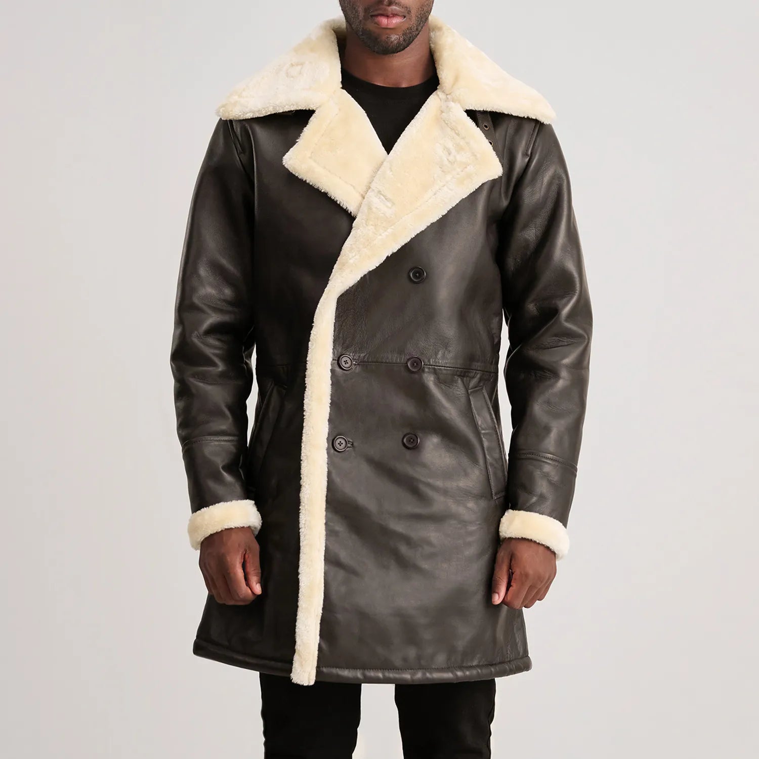 Charles Brown Leather Shearling Double-Breasted Coat