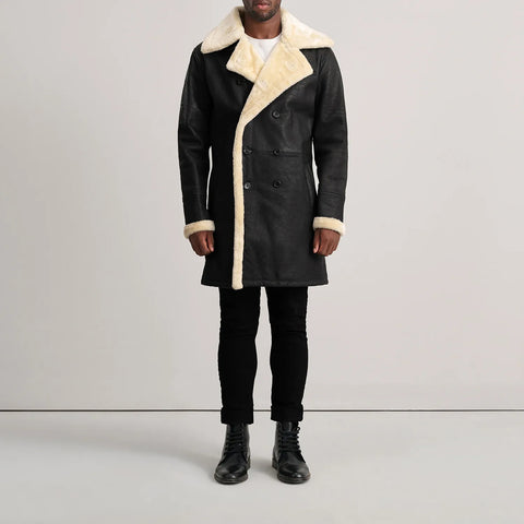 Charles Tumbled Black Leather Shearling Double-Breasted Coat