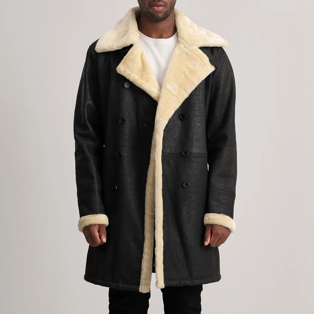Charles Tumbled Black Leather Shearling Double-Breasted Coat