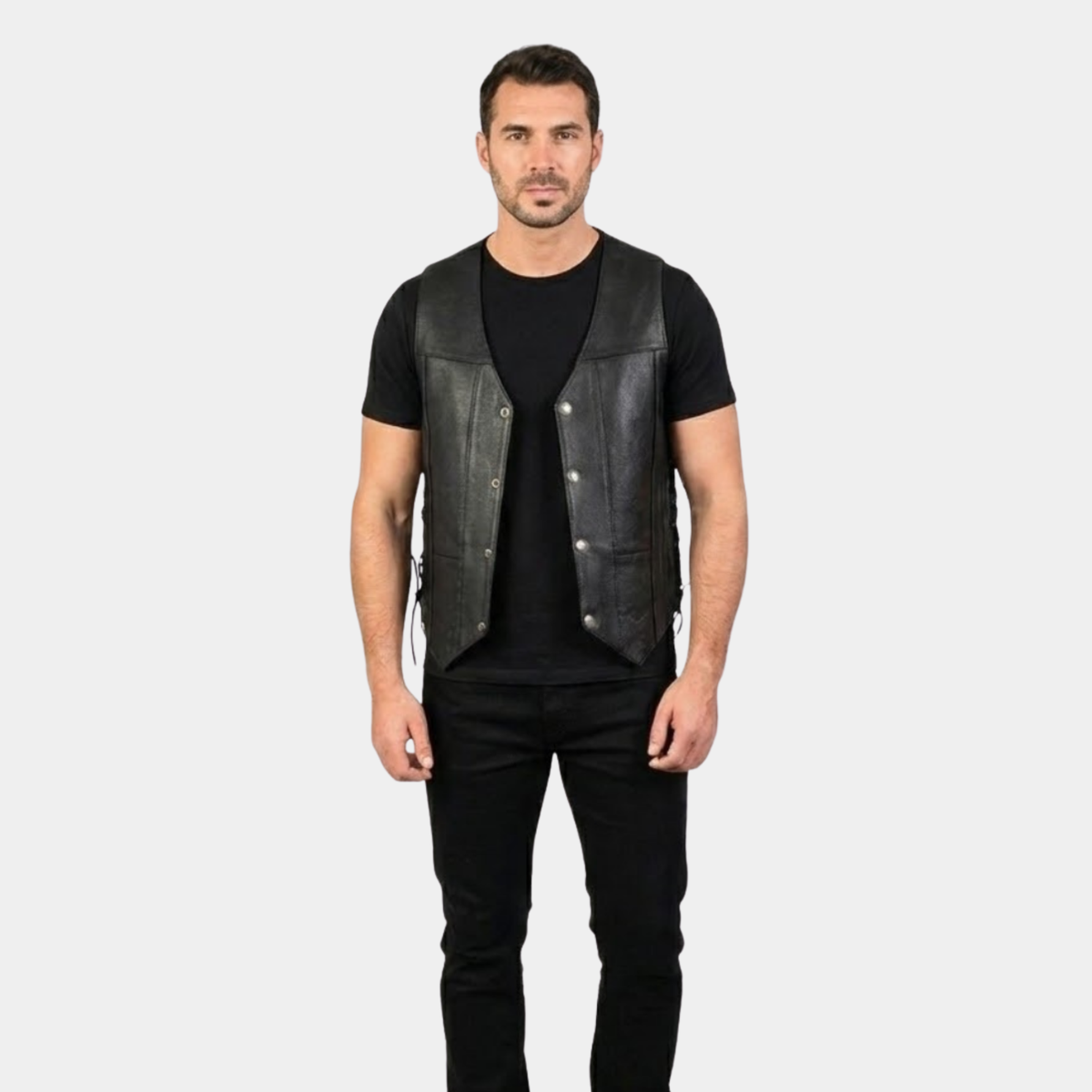 Men's Classic V-Neck Black Motorcycle Leather Vest