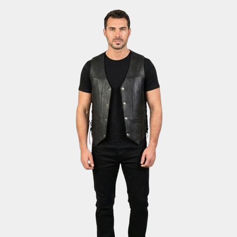 Men's Classic V-Neck Black Motorcycle Leather Vest