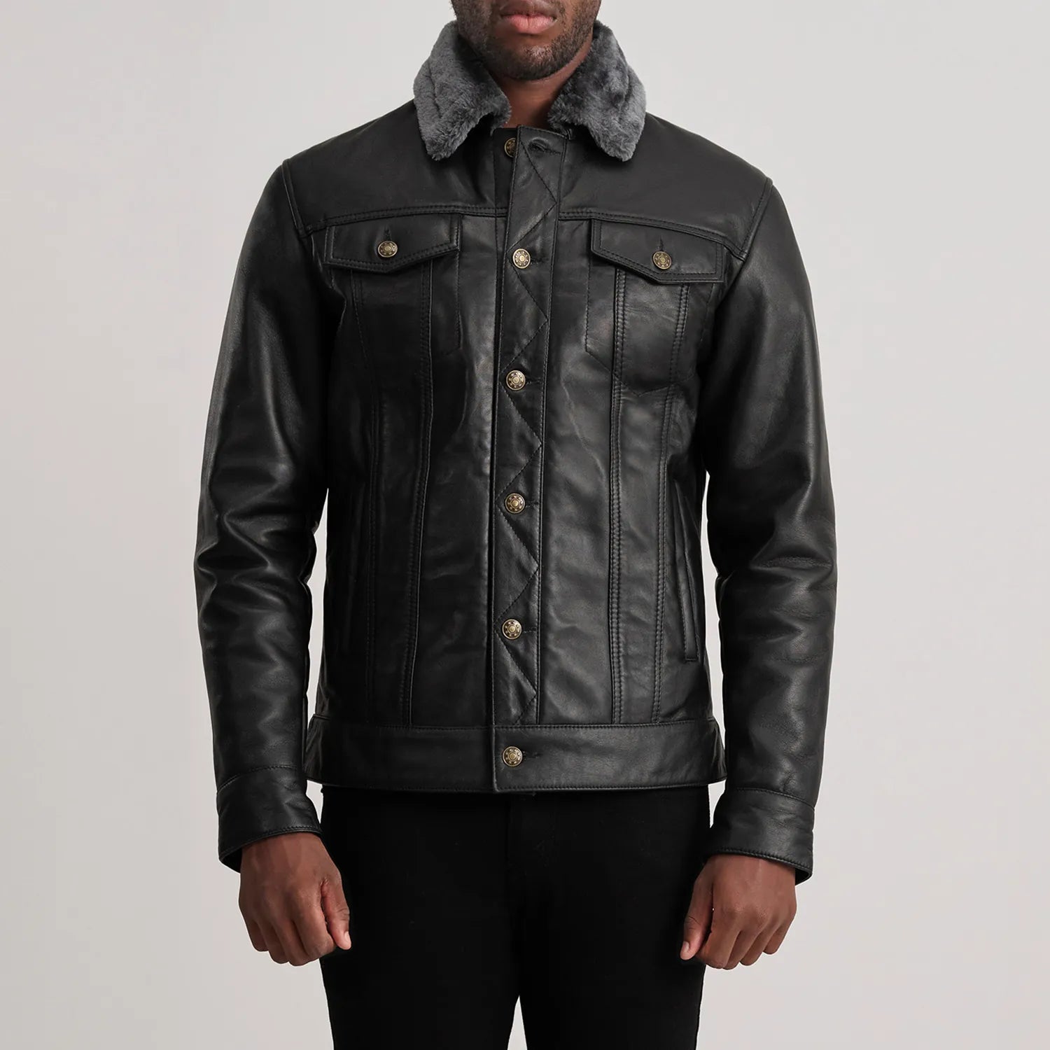 Dallis Black Leather Shearling Trucker Jacket