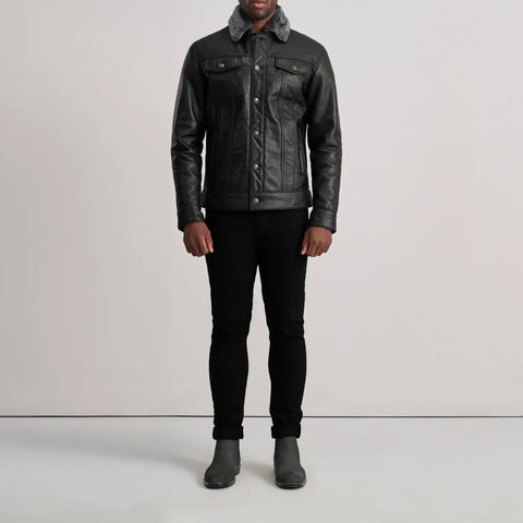 Dallis Black Leather Shearling Trucker Jacket