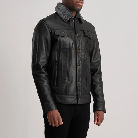 Dallis Black Leather Shearling Trucker Jacket