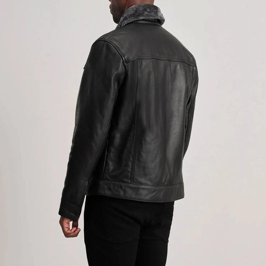 Dallis Black Leather Shearling Trucker Jacket