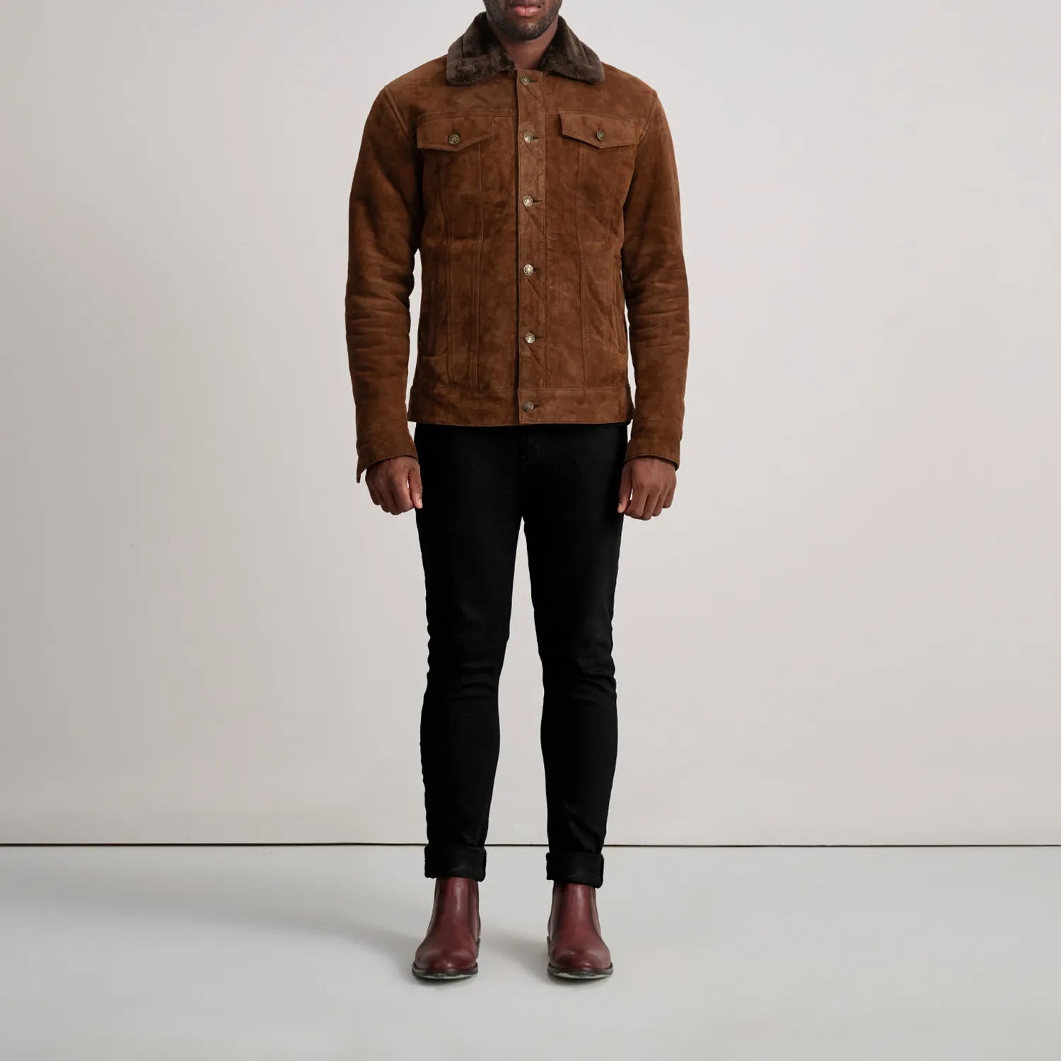 Dallis Brown Suede Shearling Trucker Jacket