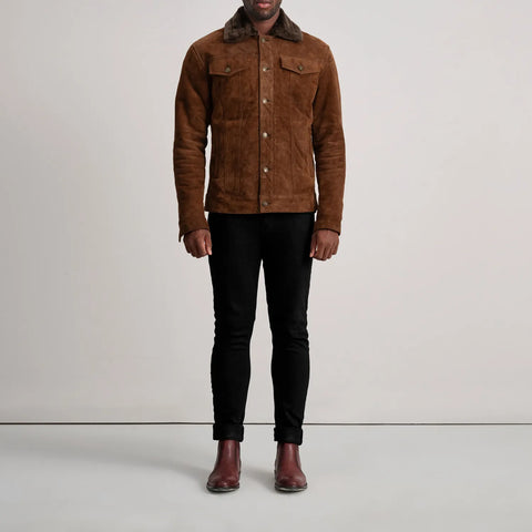 Dallis Brown Suede Shearling Trucker Jacket