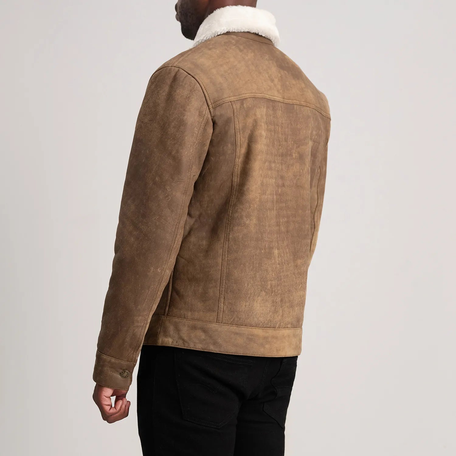 Dallis Distressed Brown Leather Shearling Trucker Jacket