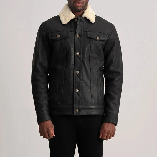 Dallis Distressed Black Leather Shearling Trucker Jacket