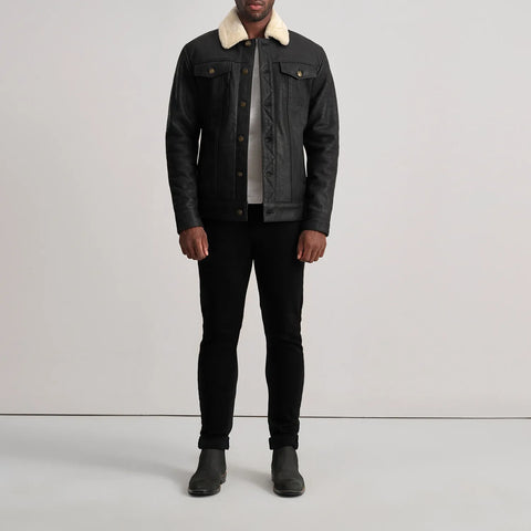 Dallis Distressed Black Leather Shearling Trucker Jacket