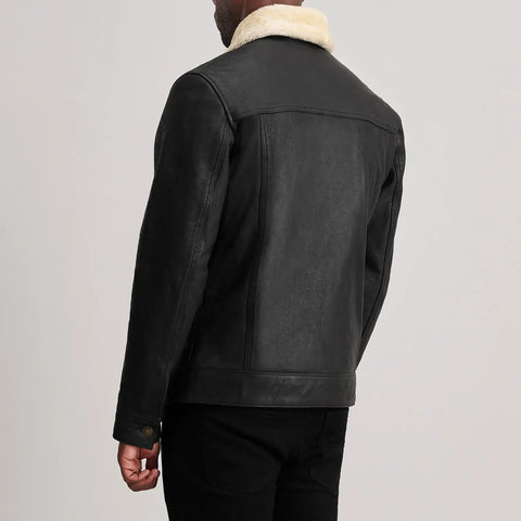 Dallis Distressed Black Leather Shearling Trucker Jacket