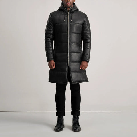Floyd Black Hooded Leather Puffer Coat