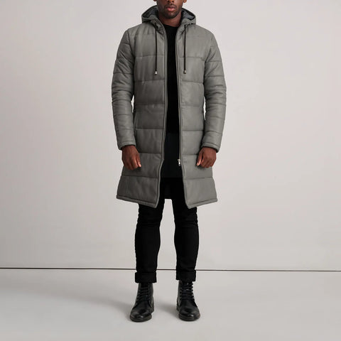 Floyd Grey Hooded Leather Puffer Coat