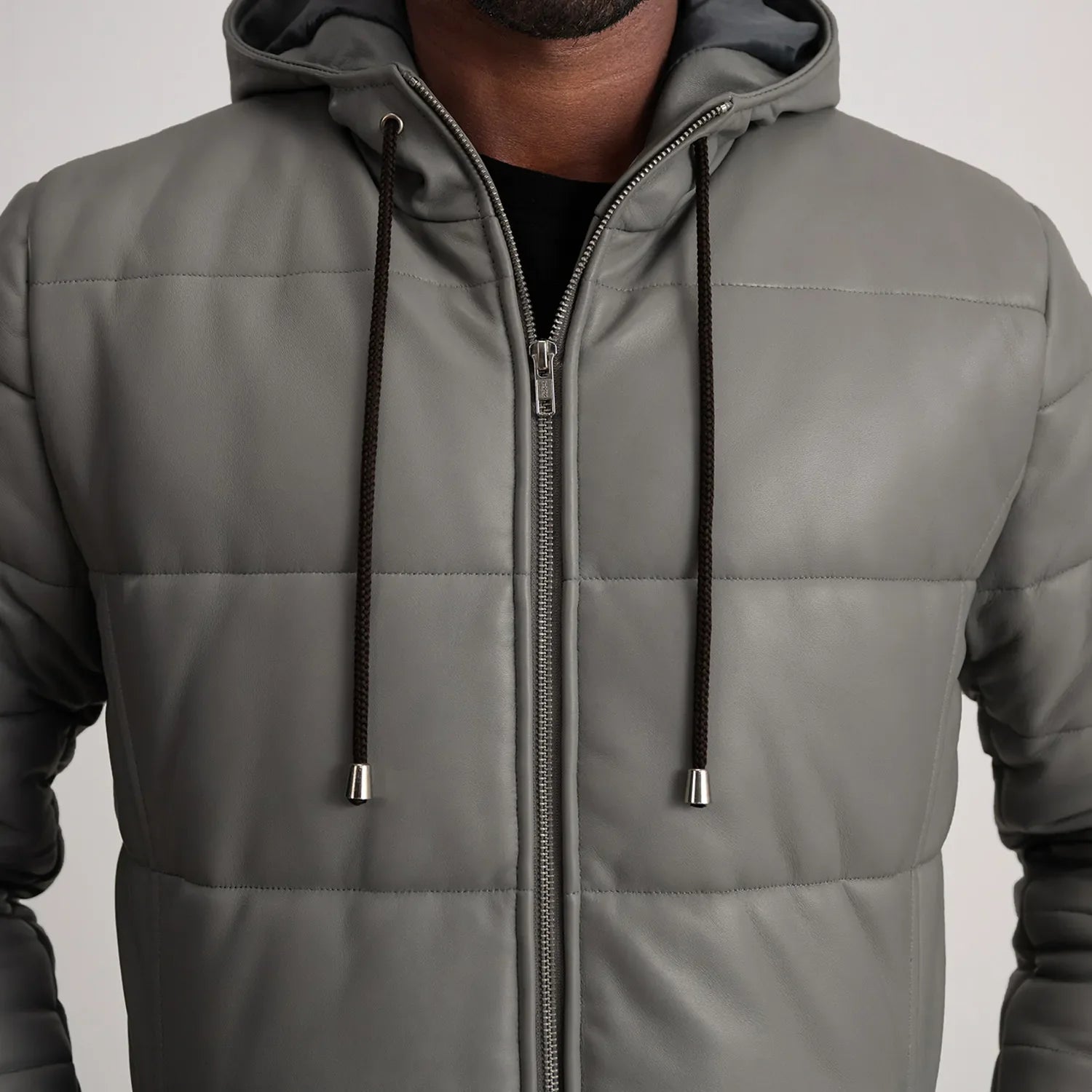 Floyd Grey Hooded Leather Puffer Coat