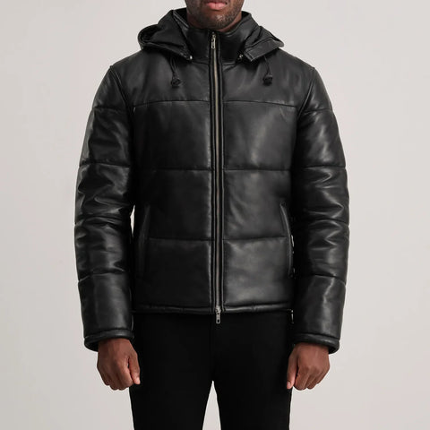 Gordon Black Hooded Leather Puffer Jacket