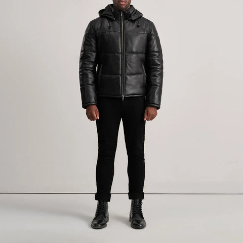 Gordon Black Hooded Leather Puffer Jacket