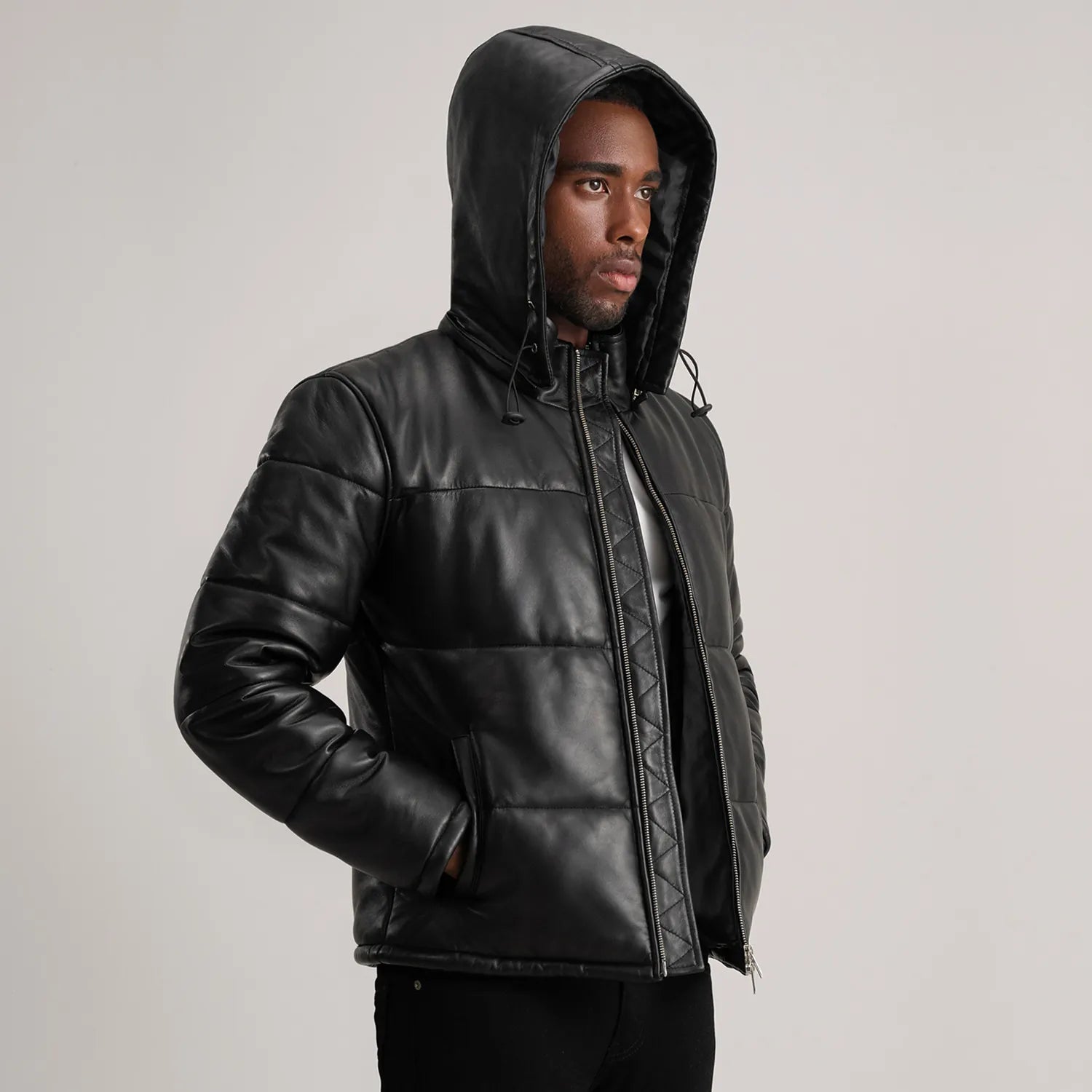 Gordon Black Hooded Leather Puffer Jacket