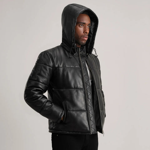 Gordon Black Hooded Leather Puffer Jacket