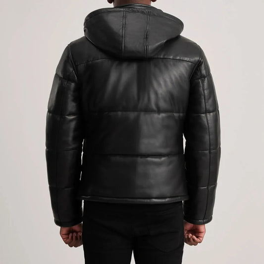 Gordon Black Hooded Leather Puffer Jacket - Leather Clan