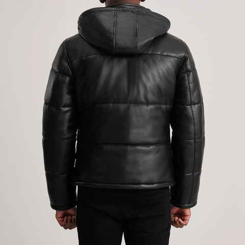 Gordon Black Hooded Leather Puffer Jacket