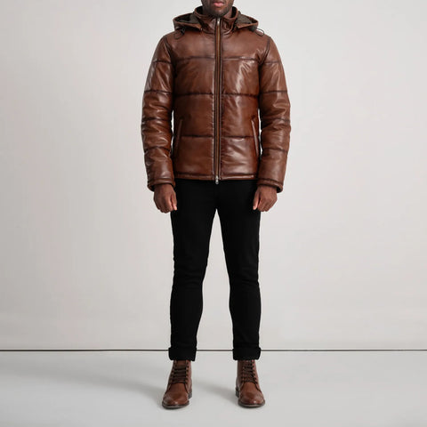 Gordon Waxed Brown Hooded Leather Puffer Jacket